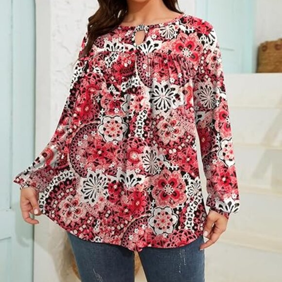 TFSDOD Women's XXL Long Sleeve V Neck Pleated Keyhole Pullover Tunic Blouse NWT - Picture 1 of 14
